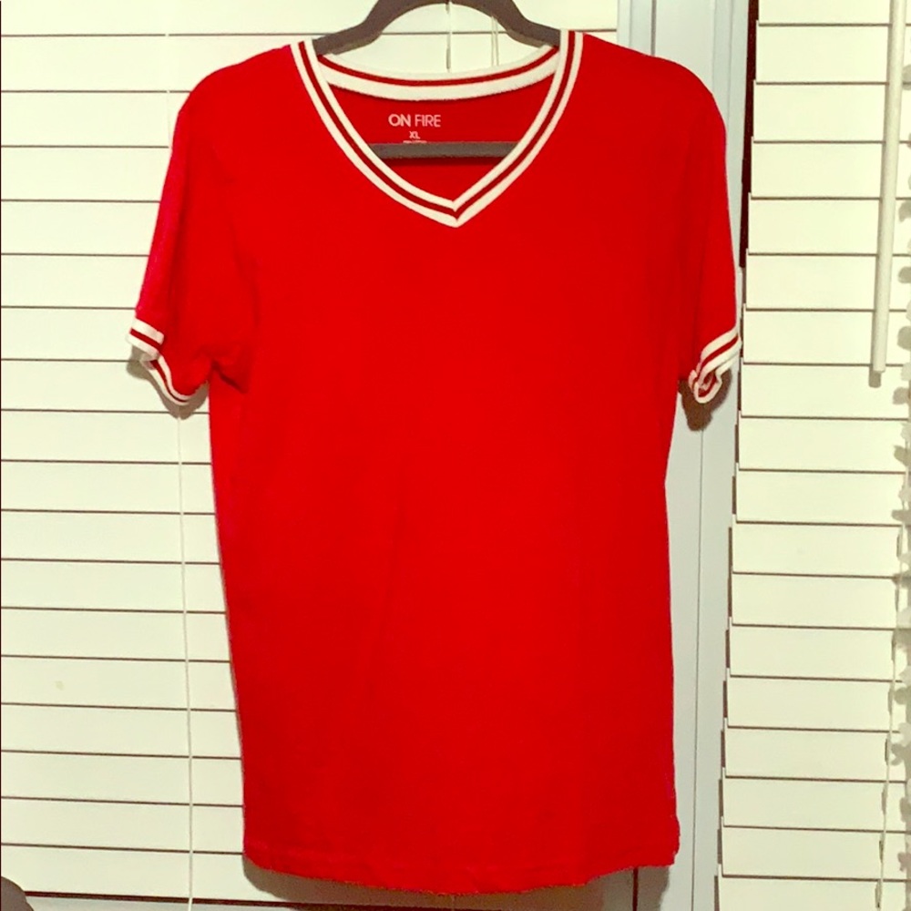 Red baseball tee.